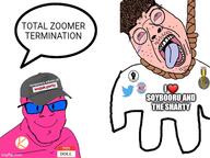 2soyjaks ack acne ally badge ban black_lives_matter cap clothes crying doll_(user) flag glasses hat i_love imgflip.com impact_font kolyma lynching name_tag open_mouth pink_skin raised_fist_(symbol) rope smile soybooru soyjak_party speech_bubble stubble tongue tranny trans_ally twitter variant:bernd variant:feraljak white_skin yellow_teeth zoomer // 600x450 // 68.6KB