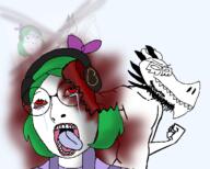 bloodshot_eyes crying dead glasses gore green_hair headphones horn meta:tagme open_mouth punch red_eyes sharp_teeth subvariant:female_cobson variant:cobson variant:dragonjak vocaroo vocaroo_tan // 1250x1000 // 564.5KB