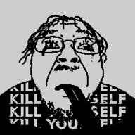 animated crying firearm flag frown glasses hair kys mustache open_mouth sad shotgun soyjak stubble suicide text tranny variant:bernd weapon // 200x200 // 153.7KB