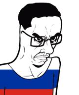 angry arm closed_mouth clothes country flag glasses hair russia soyjak subvariant:chudjak_seething tshirt variant:chudjak // 899x1078 // 134.5KB