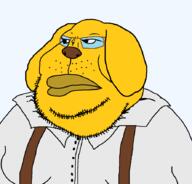 animal big_lips closed_mouth clothes dog ear fat glasses janny lips obese soyjak stubble suspenders variant:meximutt yellow_skin // 888x849 // 39.1KB