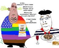 amerimutt angry artist:sectionalism beret blue_eyes brown_hair clothes ear eat_the_bugs escargot fat food france gas gay glass glasses hat mustache plate red_eyes scarf shell shoe smile snail stubble subvariant:blobson subvariant:hornyson subvariant:nucob united_states variant:cobson wine // 1538x1258 // 343.0KB