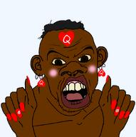 black_skin blush bwc ear eyelashes facial_mark forehead_mark hand heart nigger nose_piercing nose_ring open_mouth painted_nails queen_of_hearts soyjak stubble subvariant:feralnigger tattoo variant:feraljak // 855x861 // 112.6KB