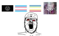 666 764_(cult) facial_mark flag:minor_attracted_person flag:transgender_pride_flag forehead_mark glasses looking_up map_(pedophile) mark_of_the_beast mustache open_mouth order_of_nine_angles pedophile pentagram pentagram_forehead_mark red_sclera satanism soyjak star stubble tranny variant:a24_slowburn_soyjak white_background // 1500x930 // 370.3KB
