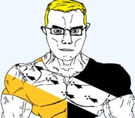arm aryan blue_eyes british buff closed_mouth clothes ear england flag flag:norfolk glasses hair norfolk soyjak subvariant:chudjak_front subvariant:muscular_chud tshirt united_kingdom variant:chudjak vein yellow_hair // 1059x929 // 74.6KB