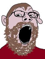 beard brown_hair ear glasses hair open_mouth red_shirt soyjak variant:gapejak vaush // 376x491 // 68.2KB