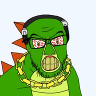 angry animal bloodshot_eyes chain clenched_teeth crocodile glasses gold_chain green_skin headphones orange_eyes sega sonic_the_hedgehog soyjak stubble teeth variant:feraljak vector video_game yellow_skin yellow_teeth // 500x500 // 19.4KB