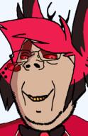 alastor animal_ears antlers bowtie evil glasses hazbin_hotel monocle multicolored_hair nose ominous red_eyes red_hair smile stretched_mouth stubble variant:gapejak vivziepop yellow_teeth // 585x906 // 21.2KB