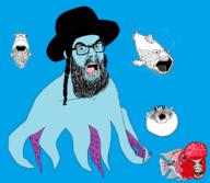 animal artist:sectionalism beard blowfish clothes fin fish glasses hat judaism octopus oh_my_god_she_is_so_attractive open_mouth pufferfish stubble subvariant:feraljew subvariant:feralnigger teeth tentacle underwater variant:feraljak variant:soyfish water // 3396x2945 // 930.3KB