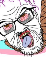 bloodshot_eyes brown_eyes dead flag glasses hanging mustache open_mouth rope smile soyjak stubble suicide tired tongue tranny variant:feraljak wrinkles // 491x614 // 327.3KB