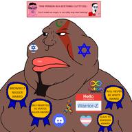 anger_mark arab autism bloodshot_eyes brimmiest_comments_section☣️☣️☣️_do_not_enter☣️☣️☣️ brown_skin chud clittycel clothes crying discord facial_mark fat flag:israel flag:transgender_pride_flag forehead_mark glasses goatee gynaecomastia hair hello_my_name_is_(sticker) islam looking_to_the_left meta:namefags namefag_drama pink_skin pointing red_shirt seething soyjak_wiki star_of_david subvariant:chudjak_front transheart tshirt variant:chudjak variant:meximutt vein warrior-z_(user) white_background will_never_be_white_award // 2000x2000 // 515.3KB