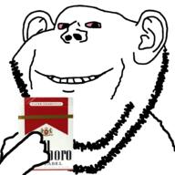 beard bloodshot_eyes cigarette hand marlboro red_eyes smile soyjak variant:impish_soyak_ears // 1025x1025 // 138.9KB