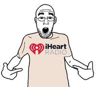 arm clothes ear glasses hand i_love iheart_radio open_mouth pointing pun radio soyjak stubble text tshirt variant:shirtjak // 618x559 // 65.4KB