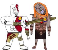 ack ares armor award bald bloodshot_eyes buff chains eyebrows goatee god_of_war god_of_war_(2005) grey_skin happy kratos orange_hair scar shoe skirt spartan sword tattoos text toes variant:bernd variant:chudjak white_skin wraps // 2700x2350 // 194.2KB