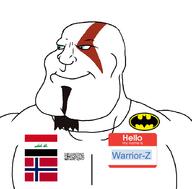 Warrior-Z(user) afghanistan arabic_text artist:satoko_fans_arent_white aryan batman batman_(series) beard blue_eyes buff closed_mouth flag flag:iraq flag:norway flag:taliban goatee god_of_war hair hello_my_name_is_(sticker) iraq kratos norway series:keep_raging_on_them shahada smile soyjak subvariant:mexiaryan taliban text variant:meximutt video_game // 886x872 // 64.6KB