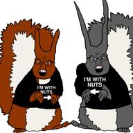 2soyjaks arrow blue_eyes grey_squirrel im_with_stupid nigga_thats_nuts red_eyes red_squirrel shirt_with_words squirreljak text trend:squirreljakking variant:feraljak // 750x750 // 234.1KB