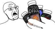 4chan bottle coal discord disgusted glasses hand ongezellig open_mouth pill pill_bottles pills smile soyjak stubble variant:pillsjak variant:soytan // 581x314 // 58.2KB
