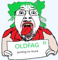 4chan anime glasses green_hair hair hand holding_object lipstick oldfag open_mouth sign stubble text tranny variant:bernd white_skin yotsoyba // 656x676 // 235.2KB