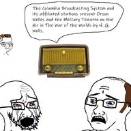 2soyjaks avgn bloodshot_eyes blue_eyes bone_chilling brown_hair crying glasses looking_down open_mouth radio scared soyjak speech_bubble stubble text variant:cryboy_soyjak variant:soyak variant:wojak wojak zoomer // 1000x1000 // 221.7KB