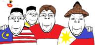 5soyjaks arm association_of_southeast_asian_nations brunei closed_mouth clothes country ear fist flag glasses hand hat indonesia malaysia merge mustache open_mouth philippines rice_hat smile soyjak stubble subvariant:fingerboy subvariant:wholesome_soyjak variant:a24_slowburn_soyjak variant:bernd variant:gapejak variant:impish vietnam // 1141x544 // 138.0KB