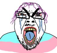 angry balding crying glasses large_eyebrows lips looking_at_you open_mouth purple_hair seething stubble subvariant:seethejak tongue tranny transgender_flag variant:bernd yellow_teeth // 1200x1125 // 117.6KB