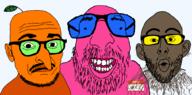 3soyjaks admin bald brown_skin doll_(user) froot glasses hello_my_name_is_(sticker) jewish_nose judaism kike kike_trio leaf name_tag open_mouth orange_skin pink_skink root stem stubble text variant:israeli_soyjak variant:longnose variant:nojak // 1010x501 // 154.5KB