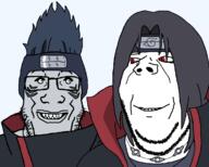 2soyjaks akatsuki akatsuki_uniform anime are_you_soying_what_im_soying artist:hellcat blue_hair cloak closed_mouth clothes facial_mark forehead_protector glasses grey_skin hair hair_intakes headband hoshigaki_kisame kirigakure_symbol konohagakure_symbol naruto_(series) necklace red_eyes sharingan sharp_teeth small_eyes smile soyjak stubble subvariant:wholesome_soyjak uchiha_itachi variant:gapejak variant:markiplier_soyjak yellow_eyes // 1196x958 // 34.1KB