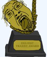 award bloodshot_eyes crying glasses hair hanging mustache open_mouth rope soyjak stubble text tongue ugliest_tranny_award ugly variant:bernd // 813x979 // 87.5KB