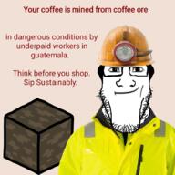 coffee glasses headlamp helmet irl jacket minecraft miner mining_helmet que_pro roblox soyjak stubble text variant:markiplier_soyjak video_game wagie // 680x680 // 199.8KB