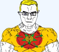 arm blue_eyes british buff closed_mouth clothes ear flag flag:lancashire flower glasses hair lancashire lancaster_rose plant rose soyjak subvariant:chudjak_front subvariant:muscular_chud trend:aryan tshirt united_kingdom variant:chudjak vein yellow_hair // 1059x929 // 161.2KB