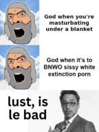 beard blanket bnwo christianity glasses god gooner grey_eyes grey_hair hair islam judaism masturbation open_mouth robert_downey_junior sissy soyjak teeth text variant:cobson white_people white_skin // 1728x2304 // 1005.7KB