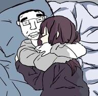 arm art bed billions_must_get_gfs boymoder brimstone brown_hair closed_eyes closed_mouth clothes cute ear glasses hand hoodie hugging menhera_chan pillow redraw sleeping subvariant:chudjak_front tranny tranny_artstyle variant:chudjak white_skin // 640x630 // 273.0KB