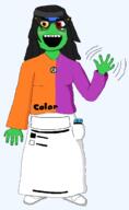 avengers beanie blush clothes colorful dress eyelashes female food full_body glasses hair hat long_hair necklace nintendo nintendo_switch no_nose open_mouth shoe soy soyjak soylent variant:soytan video_game wave waving // 1352x2196 // 128.6KB