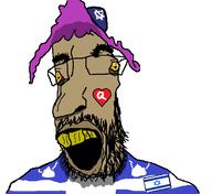 beard bloodshot_eyes brown_skin clothes glasses hat imperator_(user) israel judaism kippah open_mouth purple_hair quebec queen_of_hearts thick_eyebrows tranny variant:parrotjak yellow_sclera yellow_teeth // 630x577 // 23.6KB