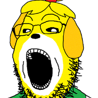 animal animal_crossing bowtie clothes dog glasses hair hair_tie isabelle nintendo open_mouth snout soyjak stubble variant:gapejak video_game yellow_skin // 671x978 // 55.6KB