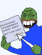 arm bait blue_shirt clothes frog glasses half_open_mouth hand holding_object lips no_nose pepe reply soyjak stubble text variant:soykio_kid // 989x1293 // 129.3KB