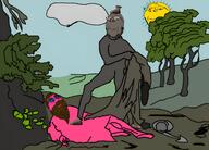 2soyjaks arm beard boot boot_(user) brown_skin classical_art_parody cloak closed_mouth clothes doll doll_(user) frown full_body glasses grass holding_object leaf pink_skin plant shoe sky smile stubble sun tree variant:gapejak // 3996x2872 // 1.3MB