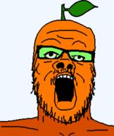 artist:GapeNewell froot glasses green_glasses leaf looking_at_you open_mouth orange_skin soyjak stubble variant:a24_slowburn_soyjak // 454x537 // 2.8KB