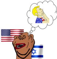 amerimutt balding brown_skin closed_eyes ear eyebrows flag flag:israel flag:united_states hair israel open_mouth soyjak stubble subvariant:impish_amerimutt thought_bubble united_states variant:impish_soyak_ears white_skin yellow_eyebrows yellow_hair // 1419x1473 // 509.8KB
