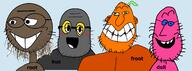 4soyjaks black_skin brimstone brown_skin doll_(user) drawn_background froot glasses green_eyes orange orange_skin pink_skin poopson poorly_drawn root soot soyjak soyjak_party stubble variant:poopson variant:unknown // 2161x804 // 473.0KB