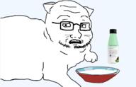 animal bottle bowl cat glasses open_mouth plastic_bottle scared soy soyjak soylent soylent_(mint_chocolate) soylent_bottle stubble subvariant:soyak_(concerned) variant:soyak // 1416x906 // 200.3KB