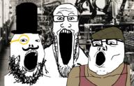 3soyjaks clothes factory glasses hat industrial_revolution irl_background monocle mustache open_mouth soyjak stubble top_hat trend:soyjak_trio variant:gapejak variant:markiplier_soyjak variant:tony_soprano_soyjak // 900x578 // 423.9KB