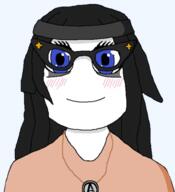 beanie blue_eyes blush closed_mouth clothes female glasses hair hat necklace soyjak variant:soytan // 401x439 // 105.8KB