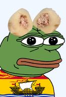 amphibian bald canada canadian closed_mouth clothes country dumpling flag flag:new_brunswick food frog green_skin irl lips looking_at_you nas nas:pepe new_brunswick pepe_the_frog poutine_rapee providence series:pepe_hat transparent_background tshirt // 1008x1479 // 499.0KB