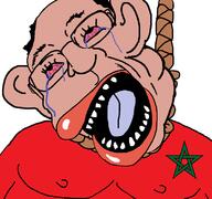 ack amerimutt anti_mutt bloodshot_eyes brown_skin clothes crying ear flag glasses hair hanging morocco open_mouth rope soyjak subvariant:ackmutt suicide tongue variant:bernd // 794x745 // 37.4KB