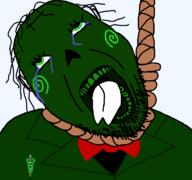 ack alien bowtie calliope_(homestuck) cherub_(homestuck) clothes crying dead gape green_eyes green_skin green_teeth hanging homestuck no_nose noose rope skull suicide suit tranny variant:bernd // 768x719 // 29.6KB