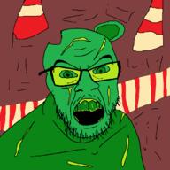 angry drawn_background green_skin gummy_bear mustache open_mouth soyjak stubble variant:feraljak // 1500x1500 // 66.7KB