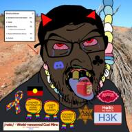 nate aboriginal ack australia autism award booger demon desert devil_horns discord dna_test flag flag:aboriginal_australian flag:pedophilia_pride_flag glasses h3k_(user) hair hanging hazbin_hotel hello_my_name_is_(sticker) hut judaism jude kike kike_nose meta:namefags pedophile petrol red_eyes rotten_teeth sky stubble suicide tongue trend:slopjak variant:feraljak // 1025x1025 // 899.4KB