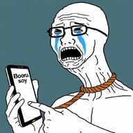 ack ai_generated crying glasses holding_object holding_phone long_neck open_mouth phone rope text variant:cryboy_soyjak // 1024x1024 // 108.7KB