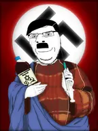 adolf_hitler bolshevism bottle capitalism classical_art_parody closed_mouth clothes communism dollar_sign fuhrer glasses hair hammer_and_sickle holding_object judaism looking_at_viewer moustache national_socialism nazism red_background saint shading shadow smile star_of_david stubble subvariant:nucob swastika text third_reich vaccine variant:cobson white_skin // 1536x2048 // 660.7KB